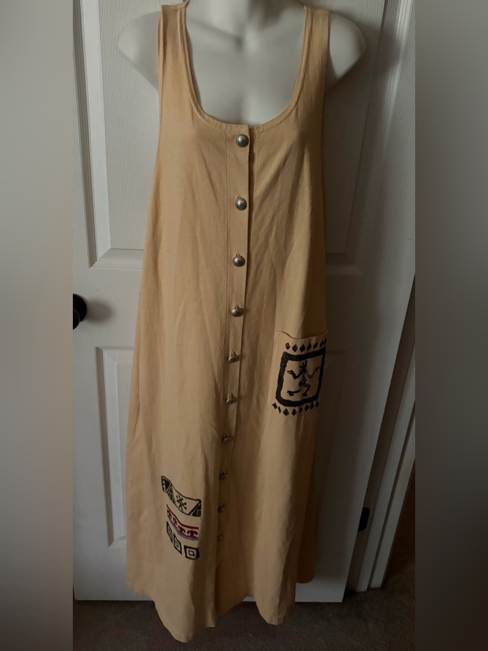 Vintage Blue Cactus Painted Art To Wear Maxi Dress Size S Neutral Sleeveless